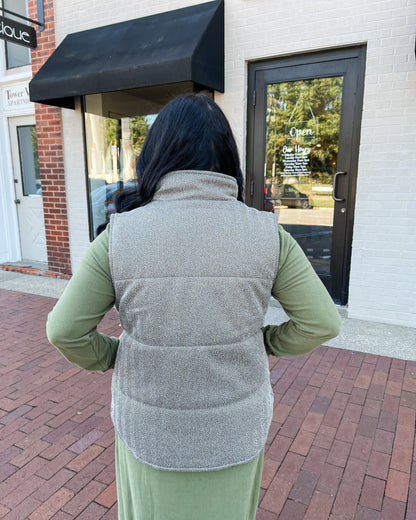 Olive Green & Cream Chevron Puffer Vest