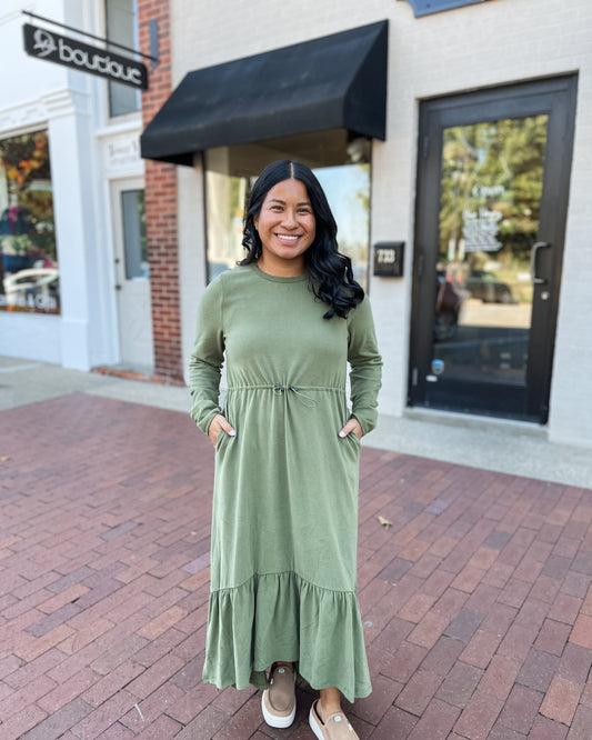 Olive Green Long Sleeve Tiered Maxi Dress