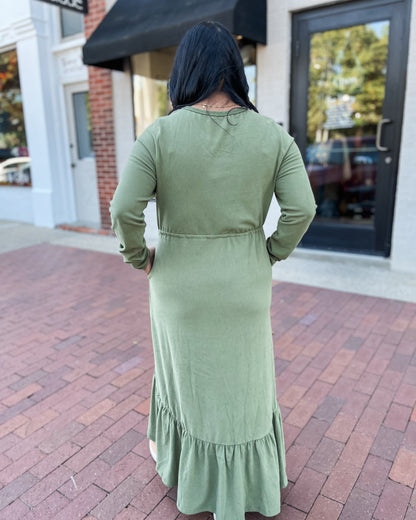 Olive Green Long Sleeve Tiered Maxi Dress
