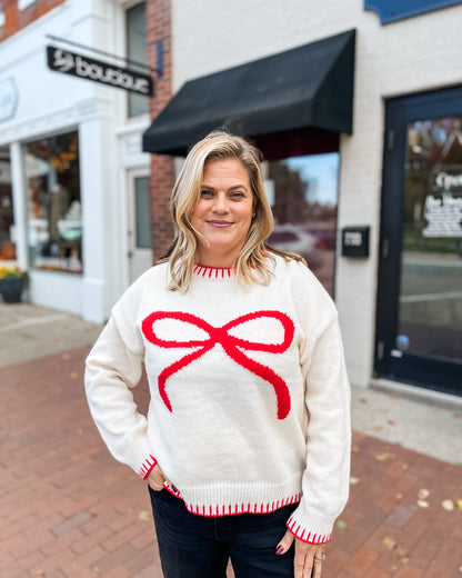Red Bow & Hem Stitched Crewneck Sweater