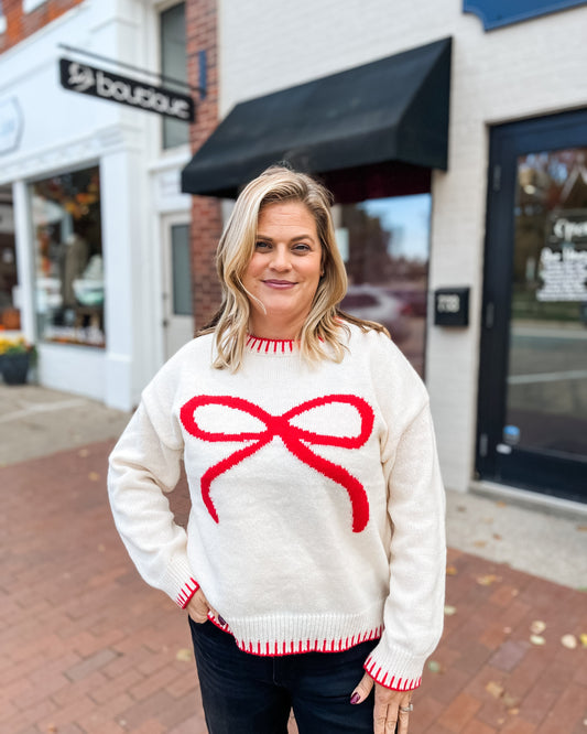 Red Bow & Hem Stitched Crewneck Sweater
