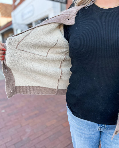 Mocha Sherpa Lined Button Up Cardigan