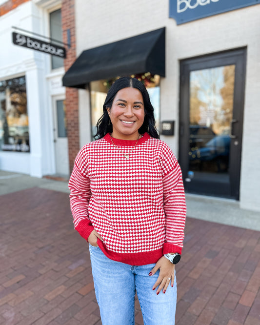 Red Checkerboard Sweater w/ Long Striped Sleeve