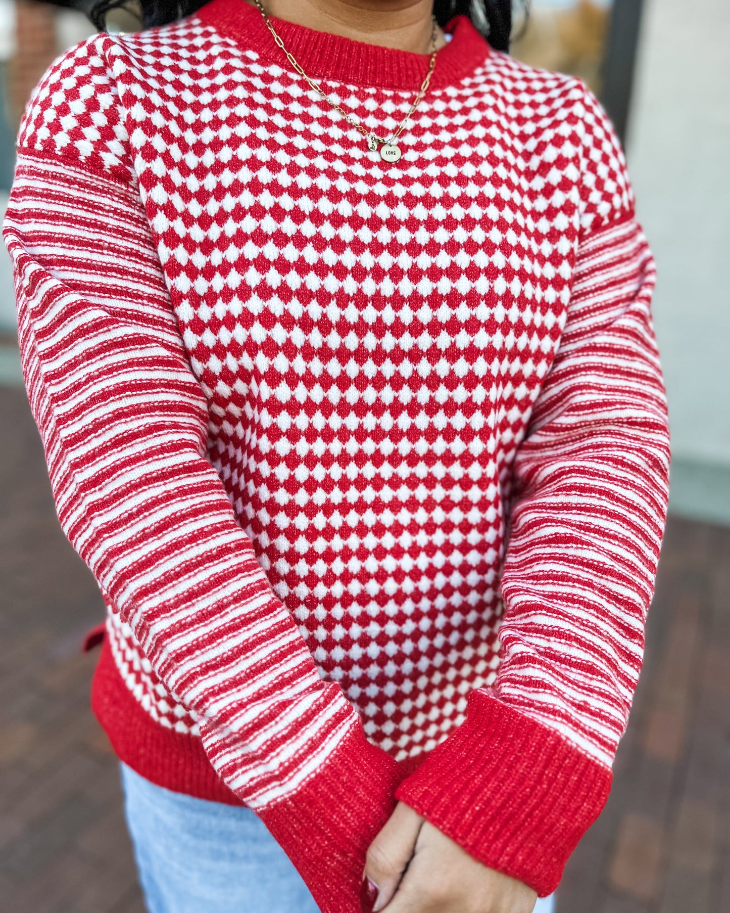 Red Checkerboard Sweater w/ Long Striped Sleeve