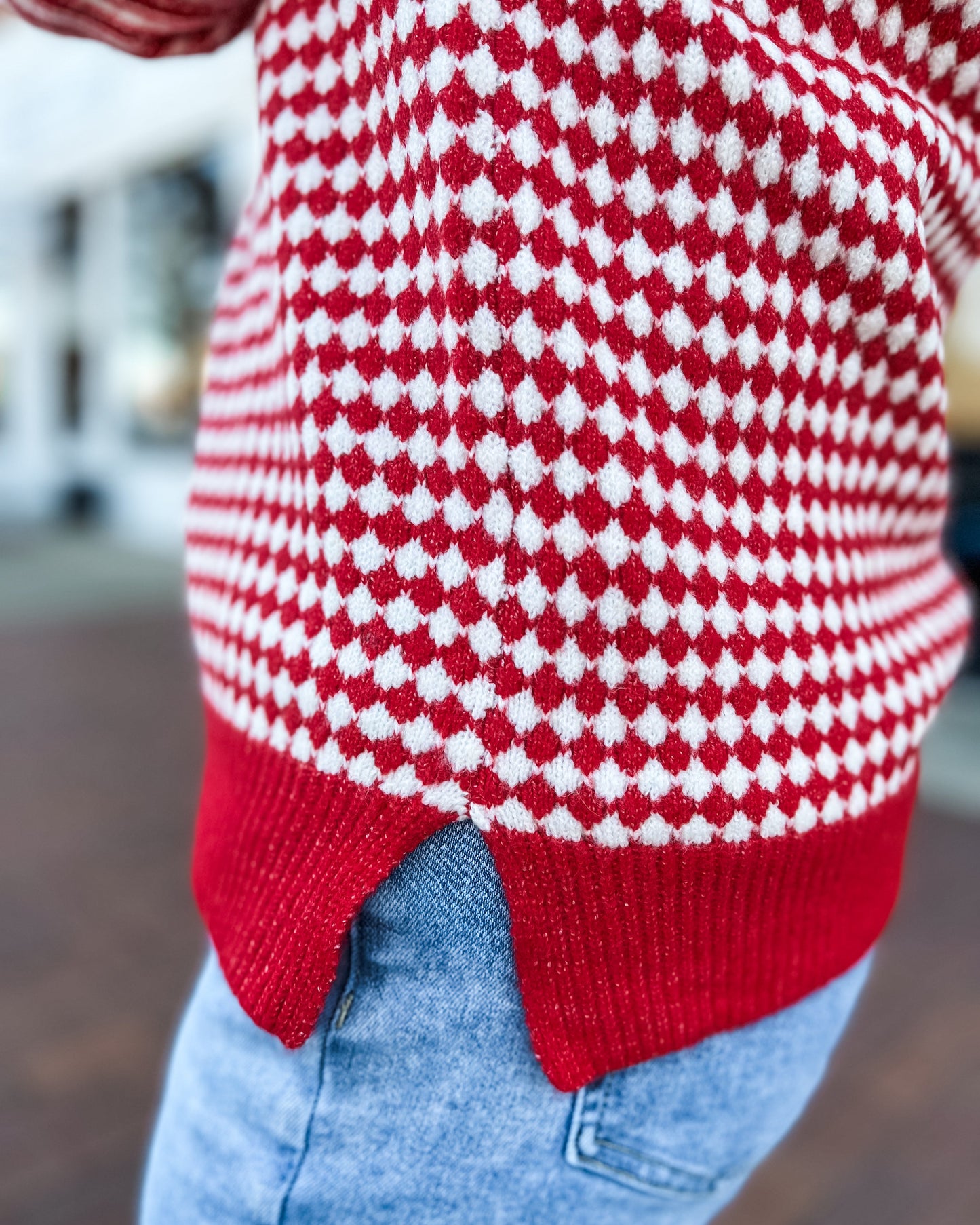 Red Checkerboard Sweater w/ Long Striped Sleeve