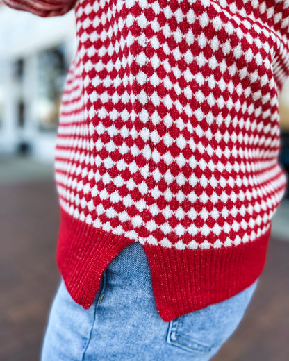 Red Checkerboard Sweater w/ Long Striped Sleeve