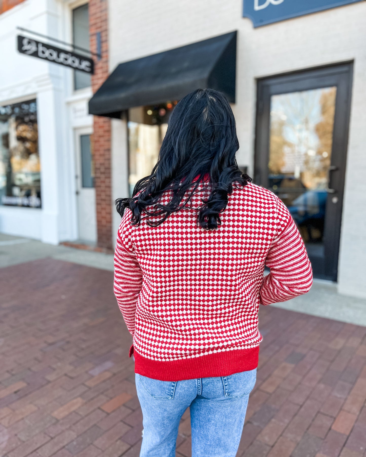 Red Checkerboard Sweater w/ Long Striped Sleeve