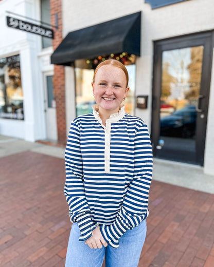 Navy Striped Top w/ Neck Ruffled Collar