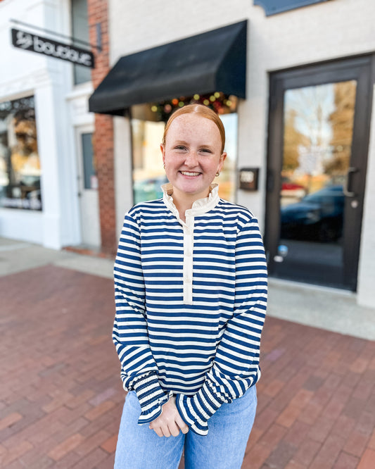 Navy Striped Top w/ Neck Ruffled Collar