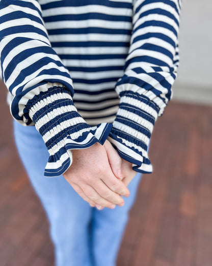Navy Striped Top w/ Neck Ruffled Collar