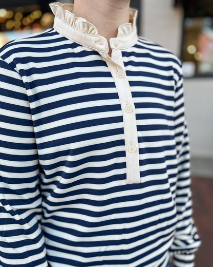 Navy Striped Top w/ Neck Ruffled Collar