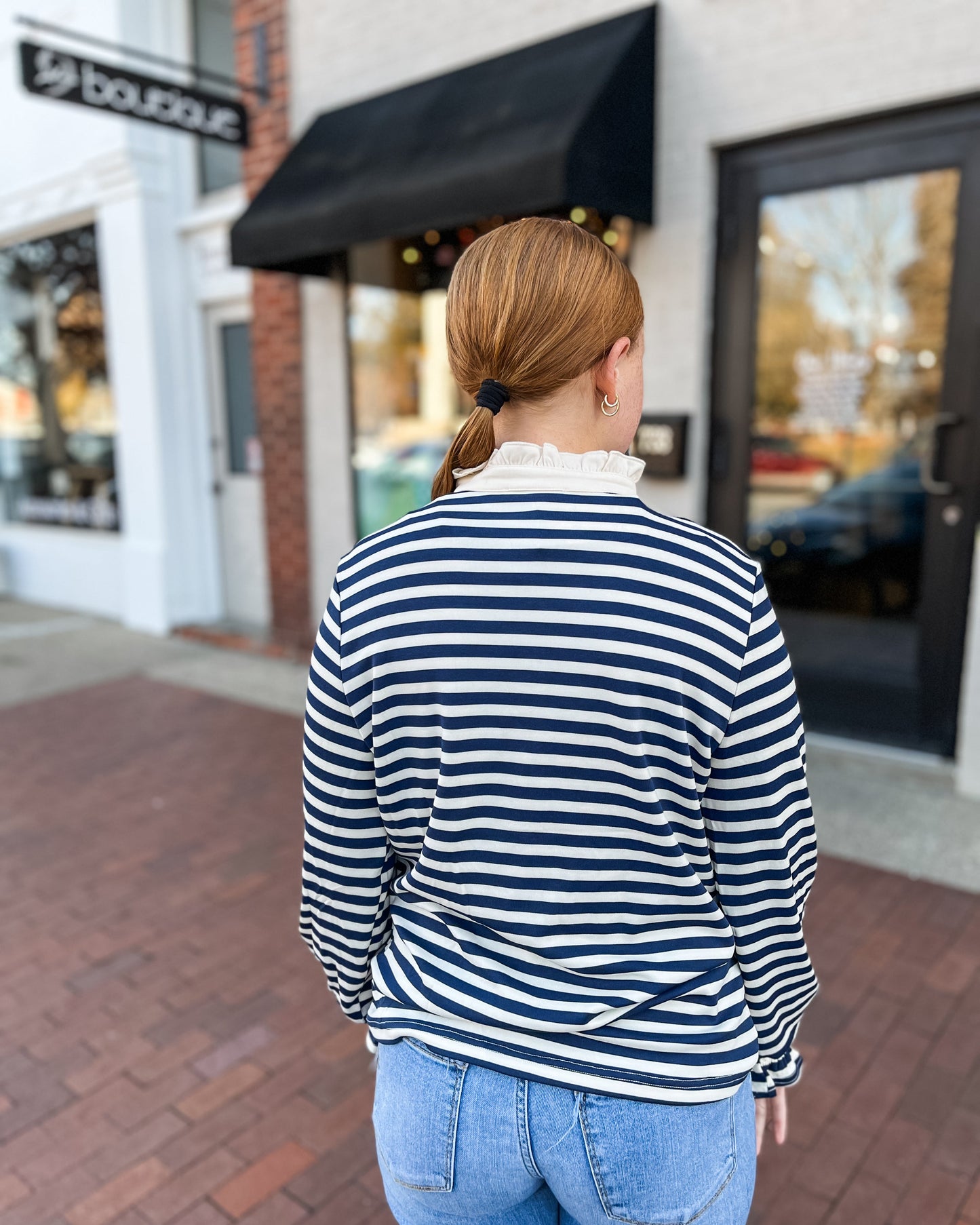 Navy Striped Top w/ Neck Ruffled Collar