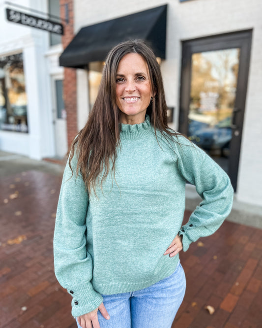 Ruffled High Neck Button Detail Sweater