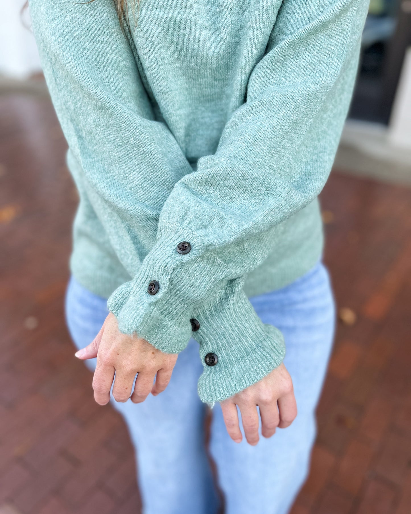 Ruffled High Neck Button Detail Sweater