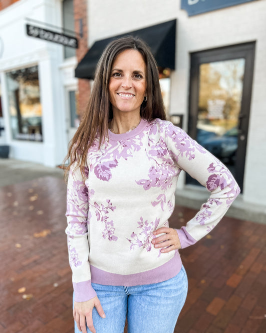 Lavendar Floral Patterned Pullover Sweater