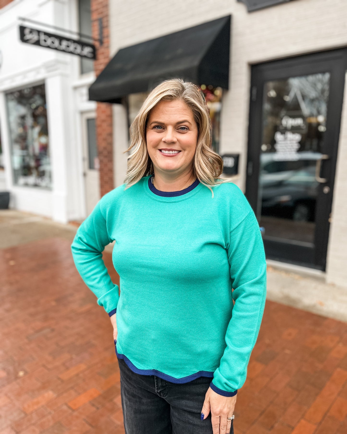 Green w/ Blue Pop of Color Scalloped Hem Pullover