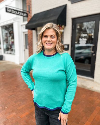 Green w/ Blue Pop of Color Scalloped Hem Pullover
