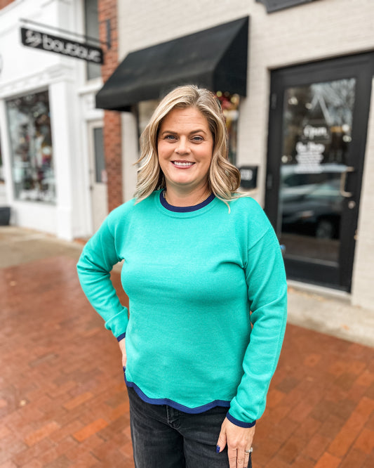 Green w/ Blue Pop of Color Scalloped Hem Pullover