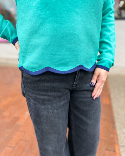 Green w/ Blue Pop of Color Scalloped Hem Pullover