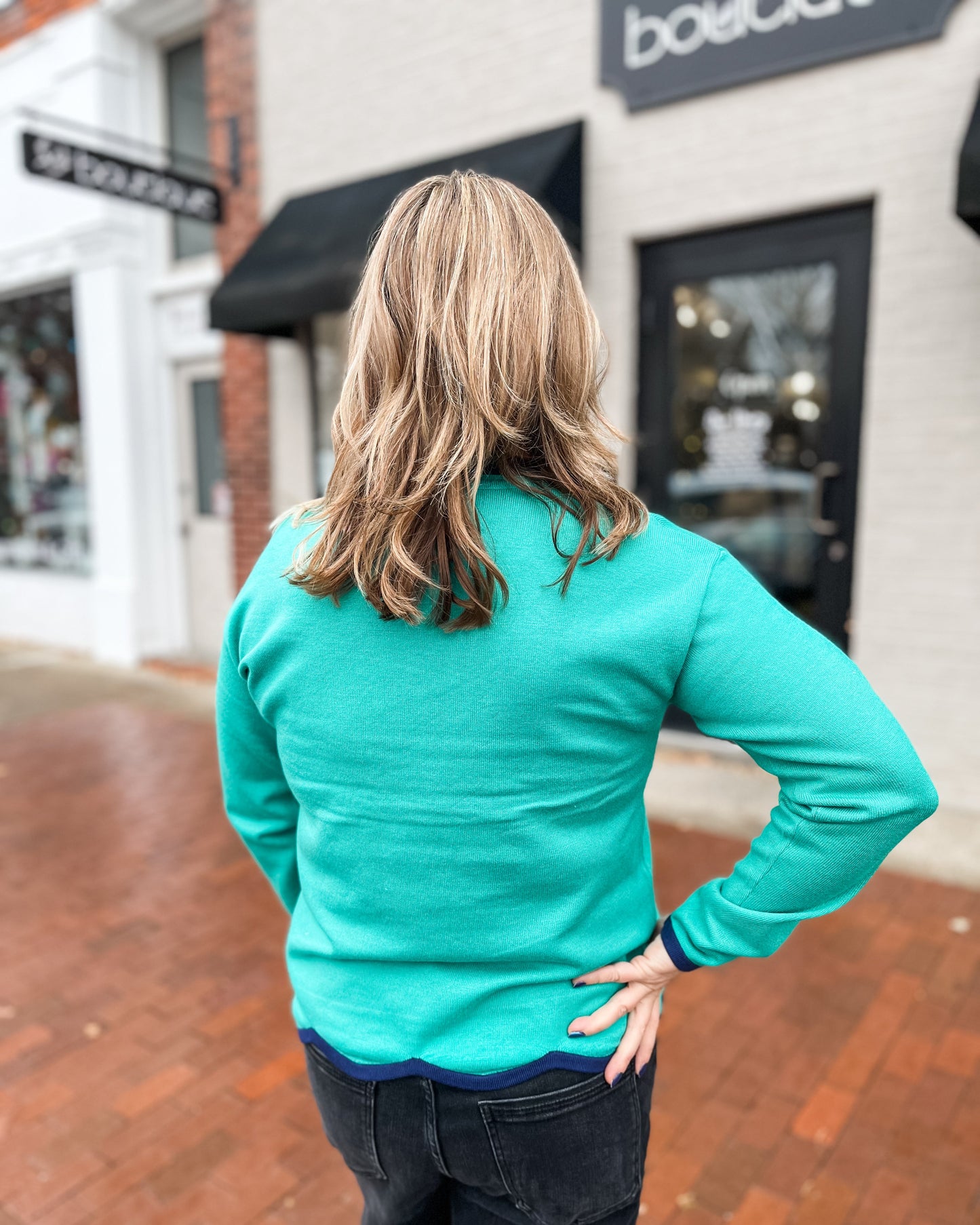Green w/ Blue Pop of Color Scalloped Hem Pullover