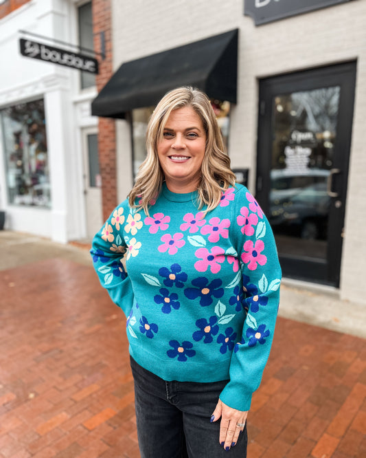 Teal Floral Jacquard Sweater