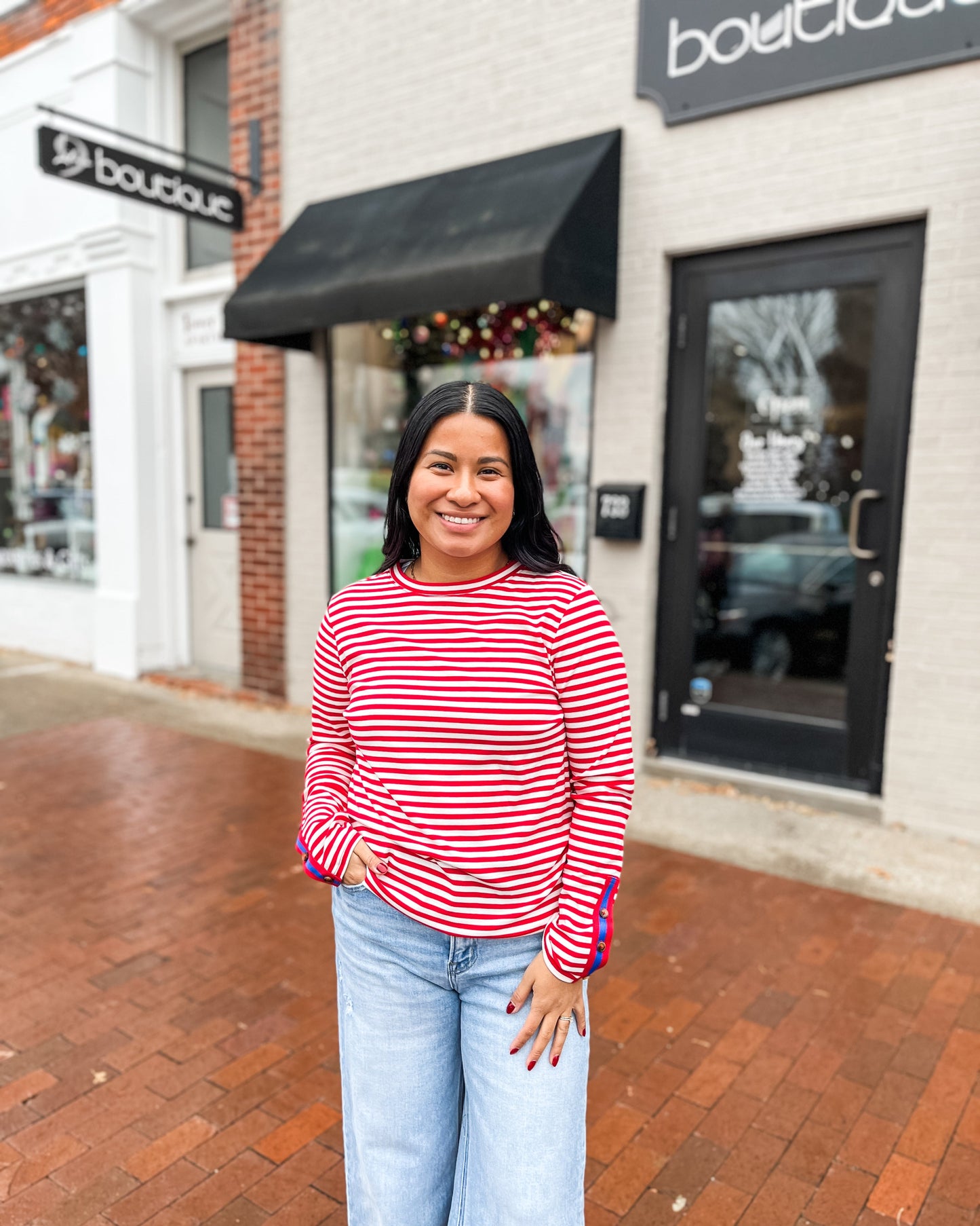 Striped Long Sleeve Top w/ Color Tape Sleeve Detail