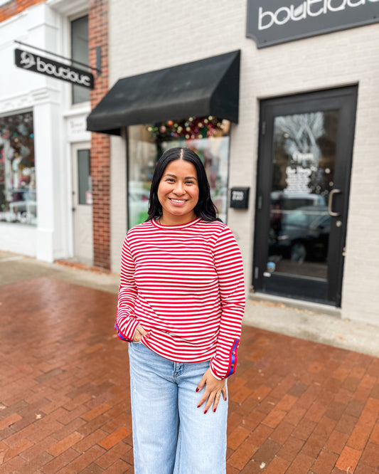 Striped Long Sleeve Top w/ Color Tape Sleeve Detail