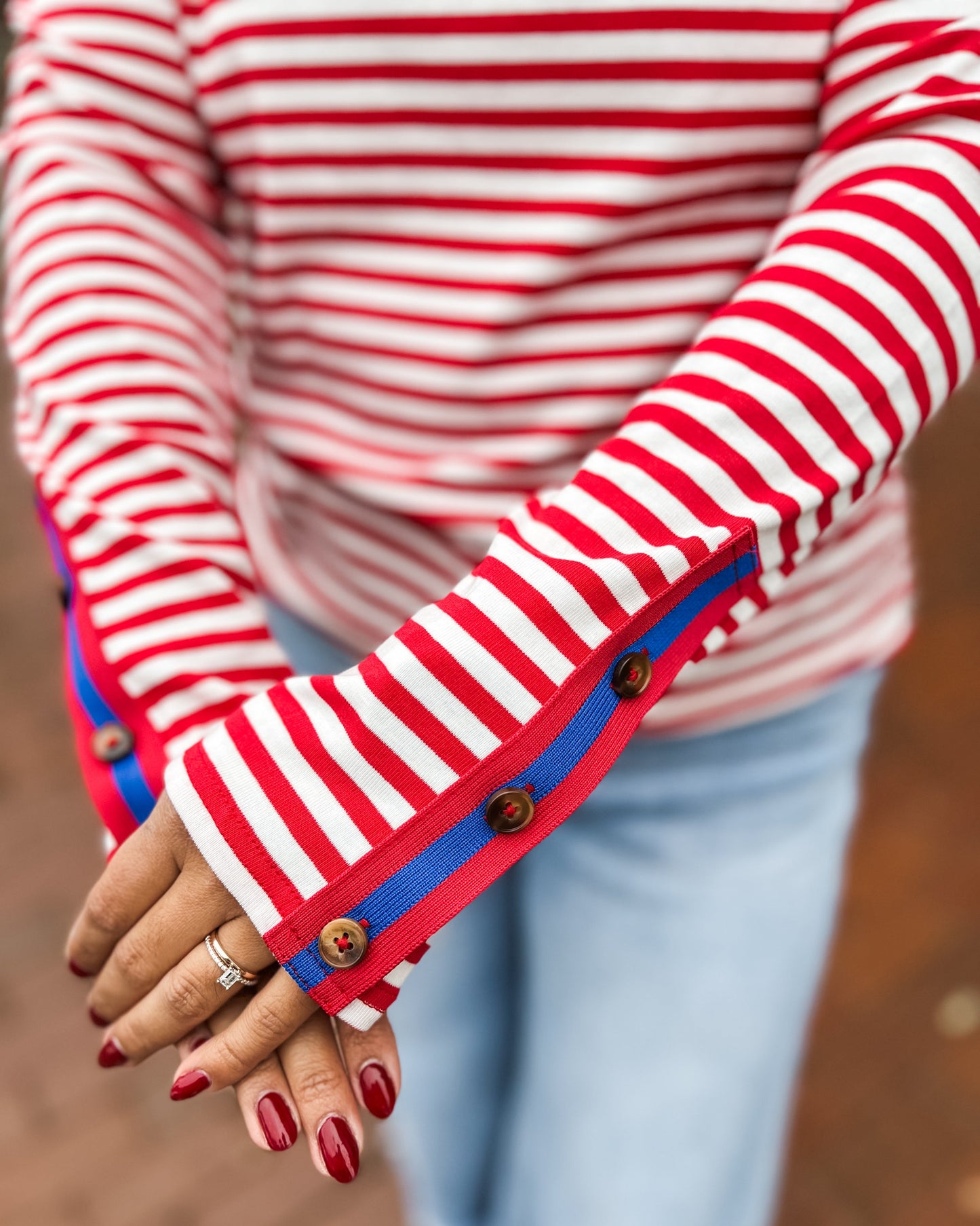 Striped Long Sleeve Top w/ Color Tape Sleeve Detail