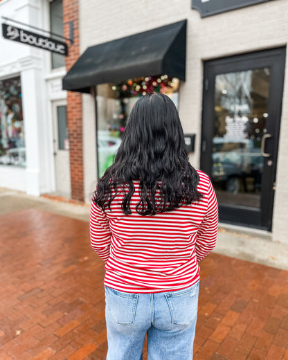 Striped Long Sleeve Top w/ Color Tape Sleeve Detail