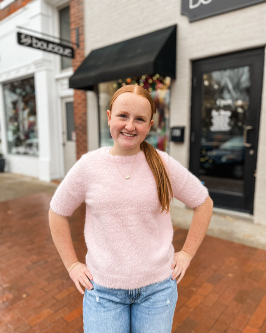 Light Pink Fluffy Short Sleeve Sweater