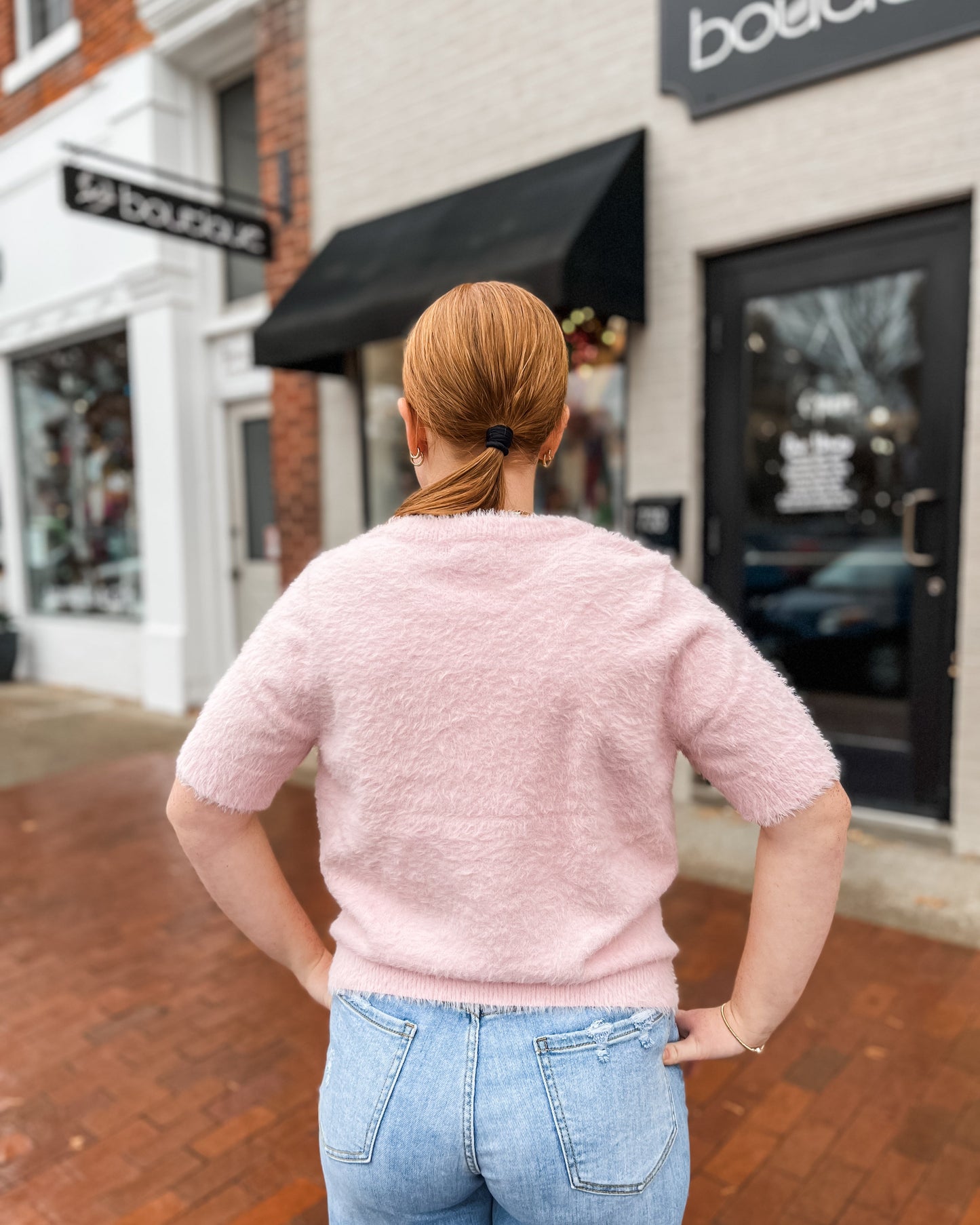 Light Pink Fluffy Short Sleeve Sweater