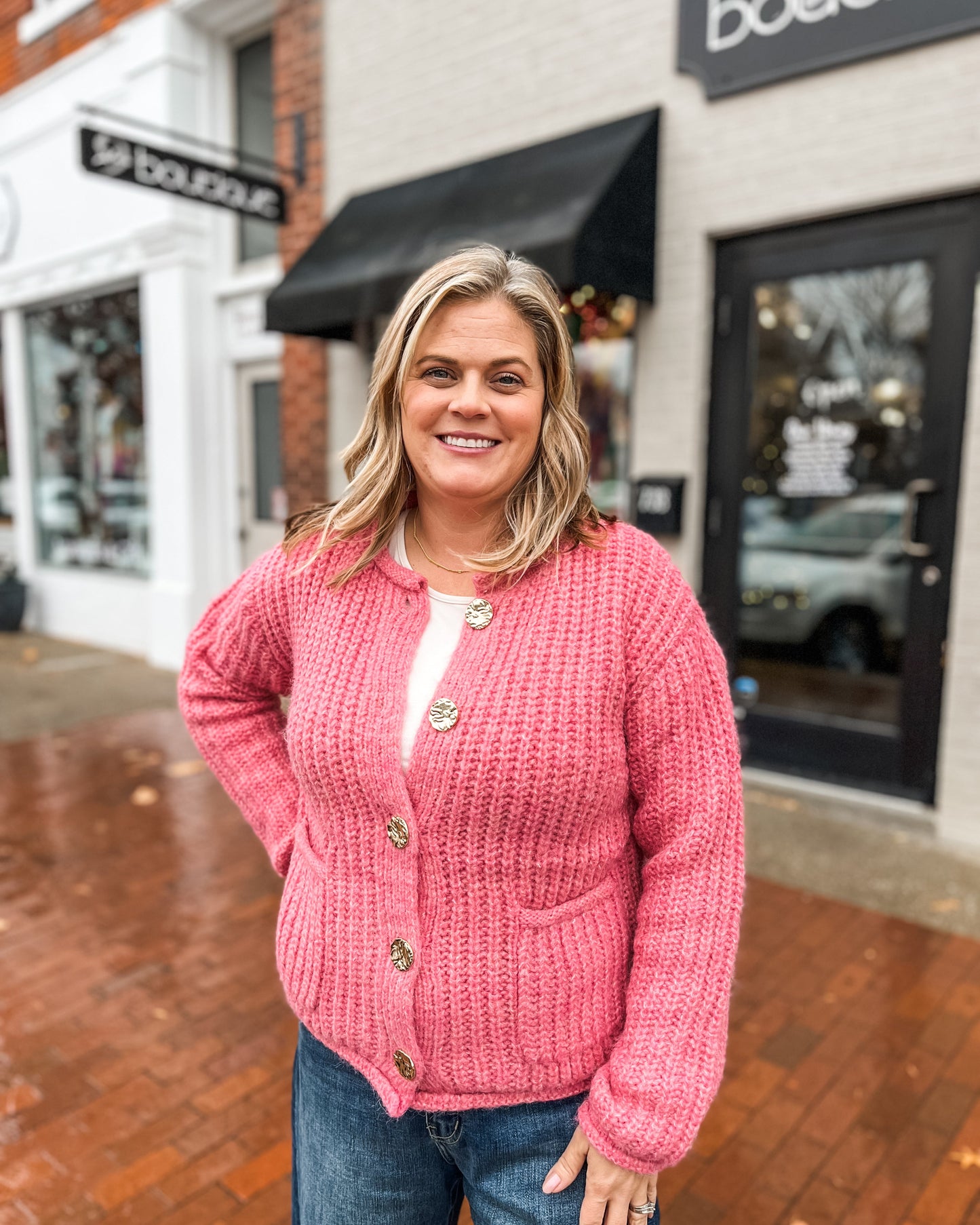 Big Gold Metal Button Down Long Sleeve Cardigan