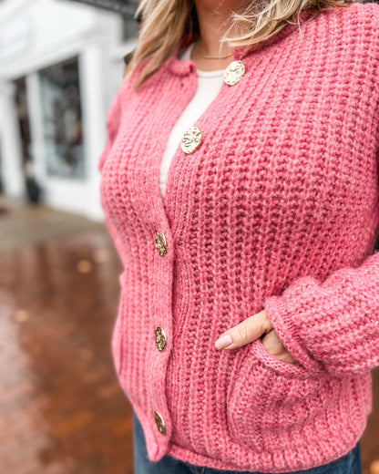Big Gold Metal Button Down Long Sleeve Cardigan
