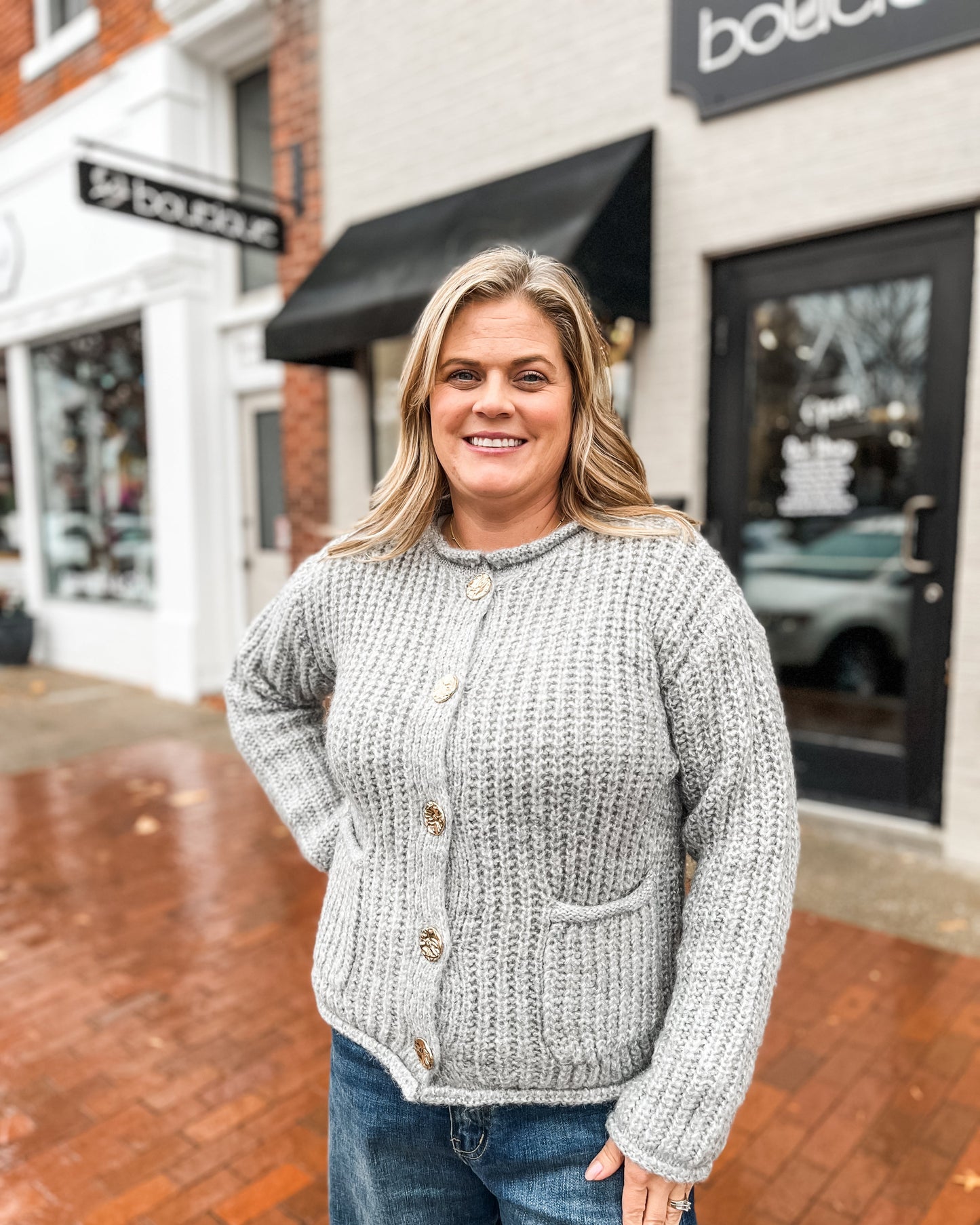 Big Gold Metal Button Down Long Sleeve Cardigan