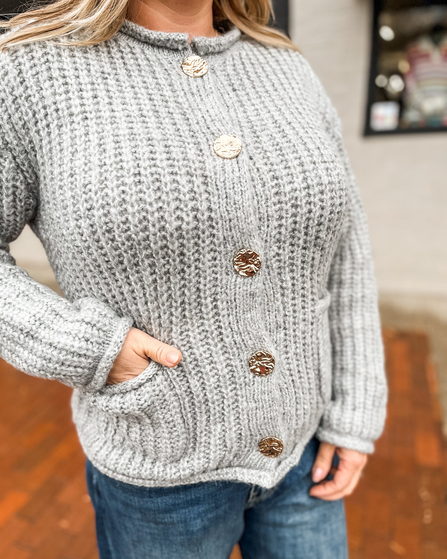 Big Gold Metal Button Down Long Sleeve Cardigan