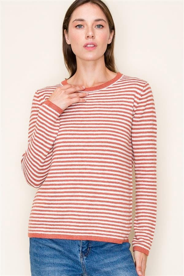 Rust Orange Striped Crew Neck Sweater