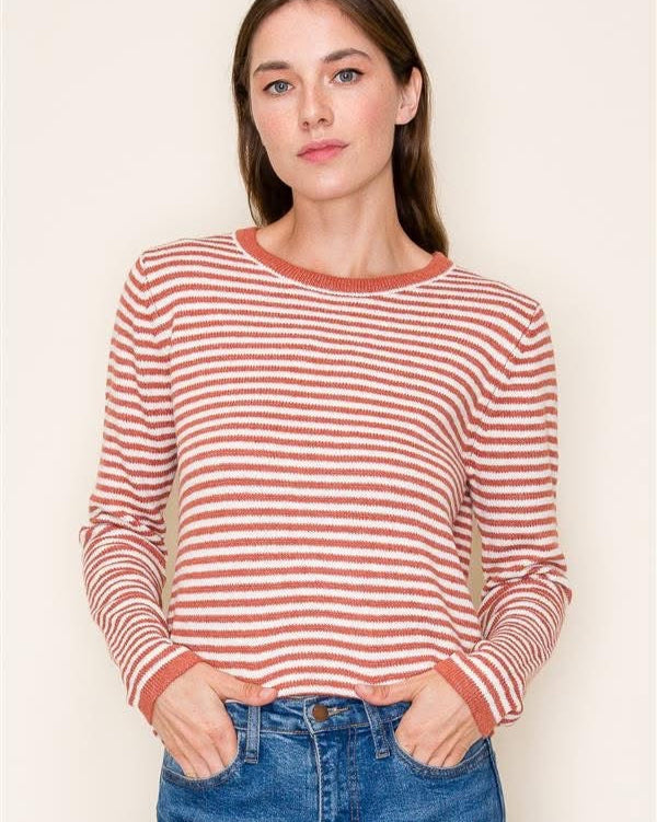 Rust Orange Striped Crew Neck Sweater