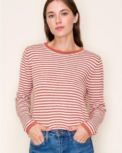 Rust Orange Striped Crew Neck Sweater