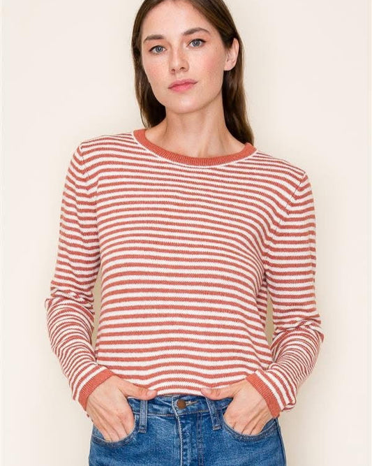Rust Orange Striped Crew Neck Sweater