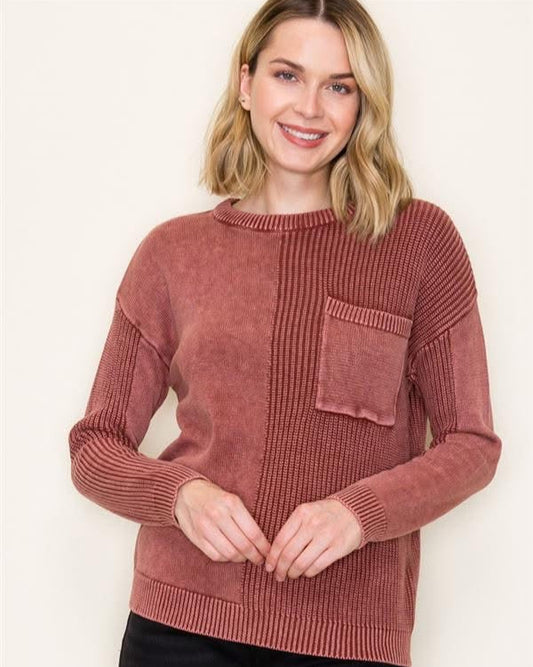 Rust Mineral Washed Crewneck Sweater w/ Pocket