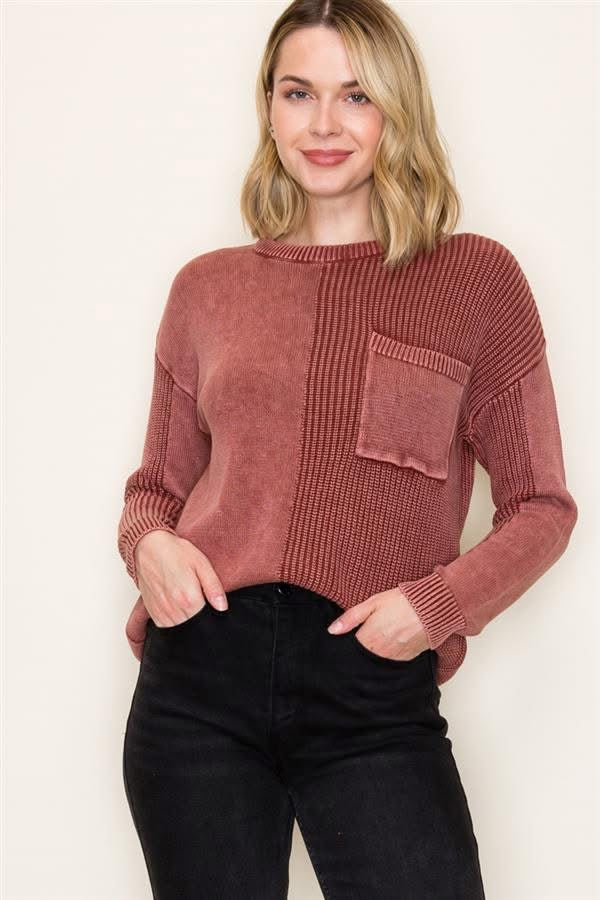 Rust Mineral Washed Crewneck Sweater w/ Pocket