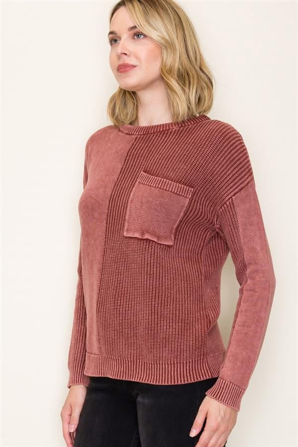Rust Mineral Washed Crewneck Sweater w/ Pocket