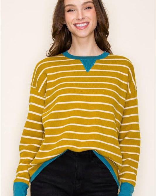 Citrus Stripe Pullover Sweater w/ Teal Collar