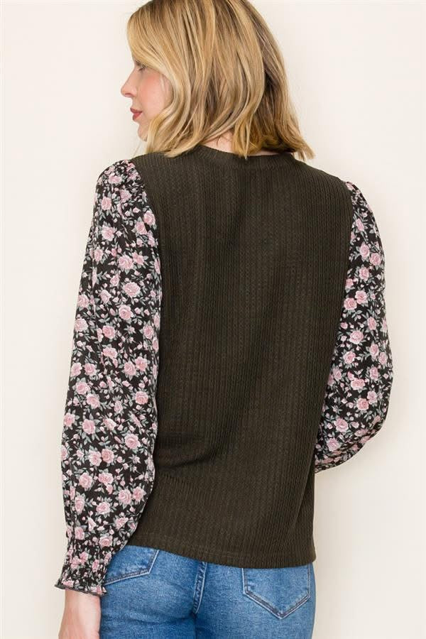 Black Floral Smocked Long Sleeve Blouse