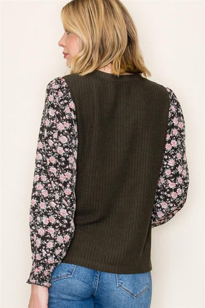 Black Floral Smocked Long Sleeve Blouse