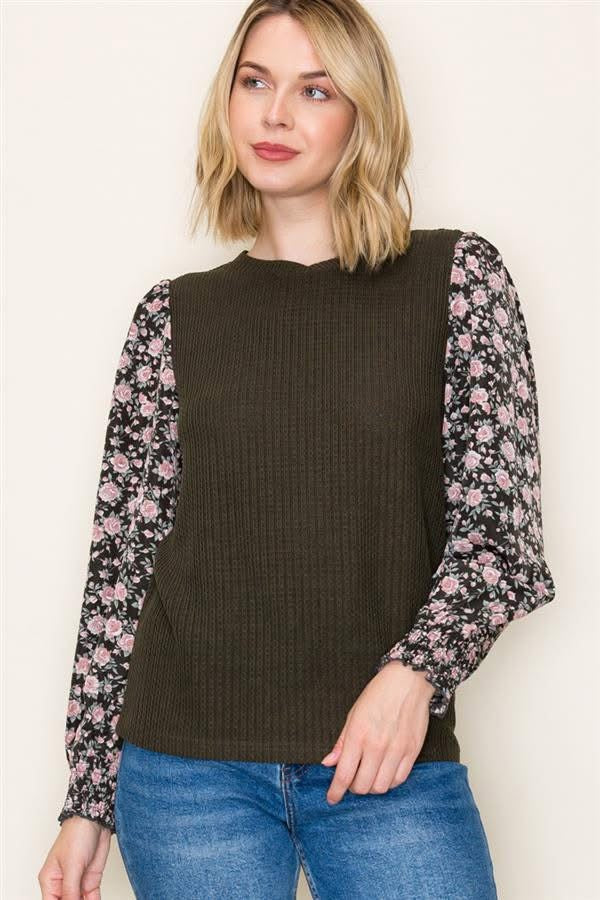 Black Floral Smocked Long Sleeve Blouse