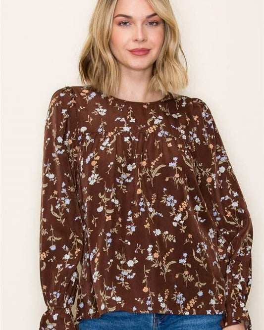 Brown Floral Blouse w/ Ruffle Detail