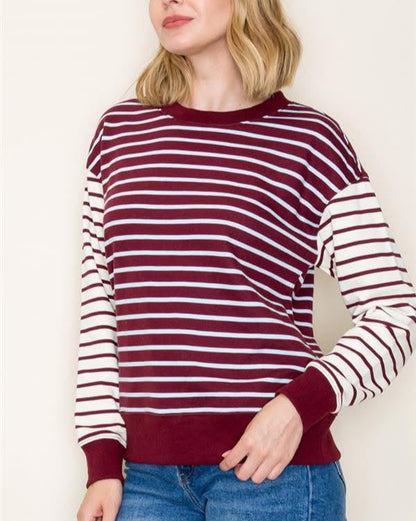 Colorful Stripped Pullover w/ Contrast Sleeve