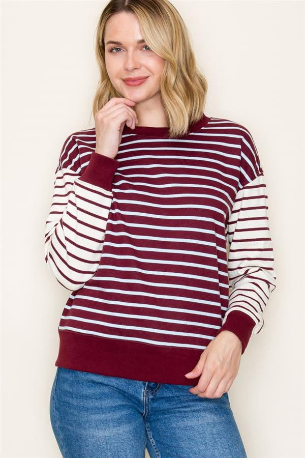 Colorful Stripped Pullover w/ Contrast Sleeve