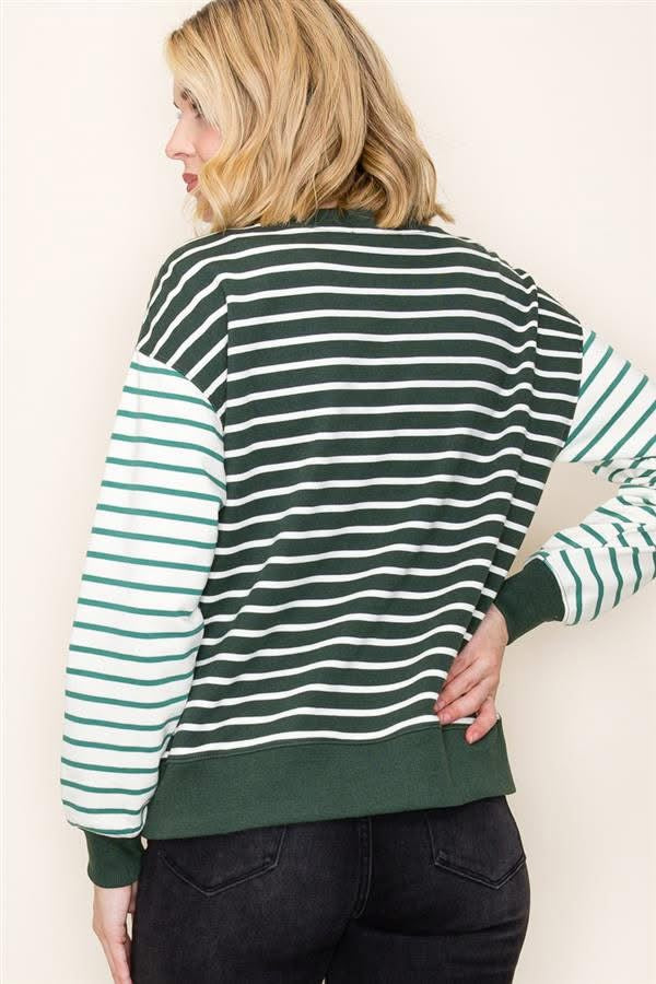 Colorful Stripped Pullover w/ Contrast Sleeve